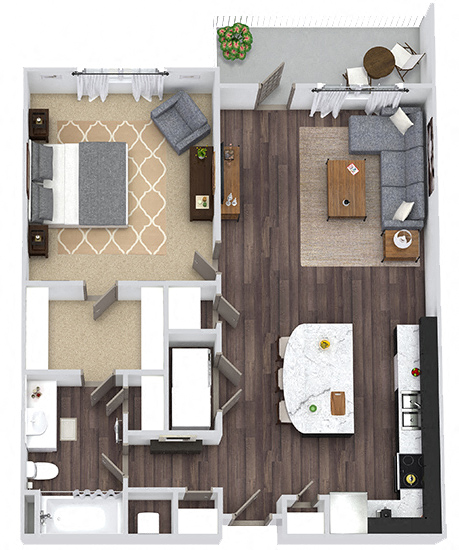 Floor plan for 1 bed, 1 bath, 862 sqft